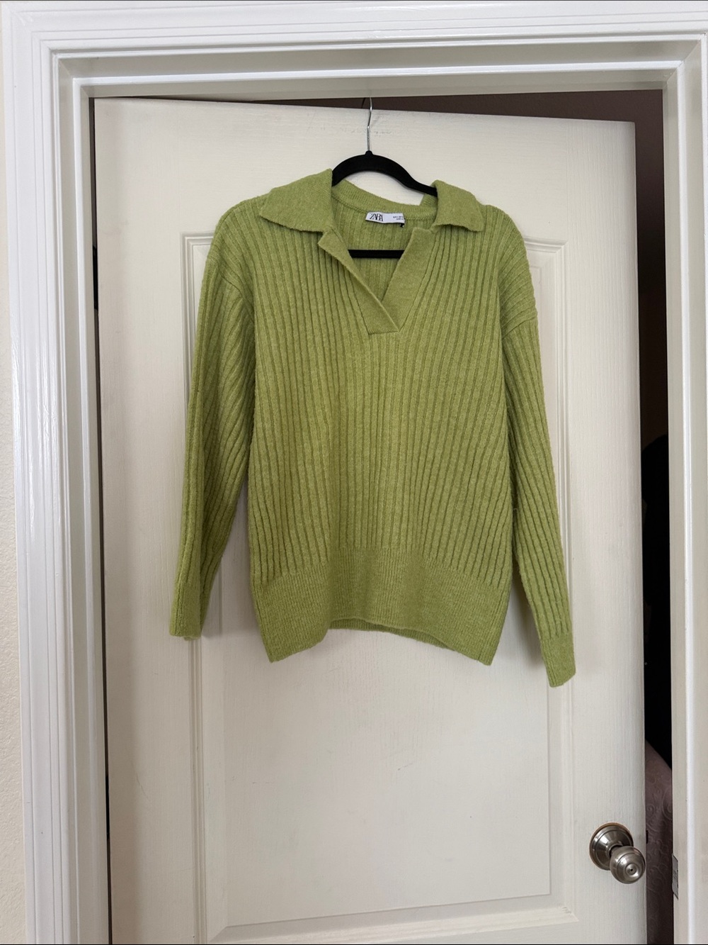 Zara Lime Green Ribbed Collared V-Neck Sweater